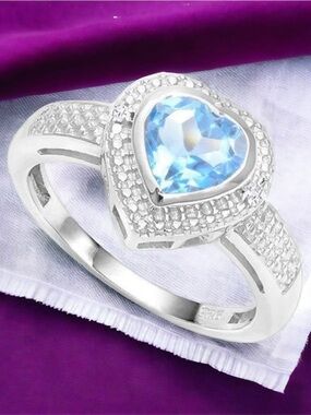 🫶🏻 Sterling Sterling Silver Heart Ring with Light Blue Topaz 1.5 TCW